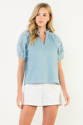Delicia Floral Applique Puff Sleeve Denim Top