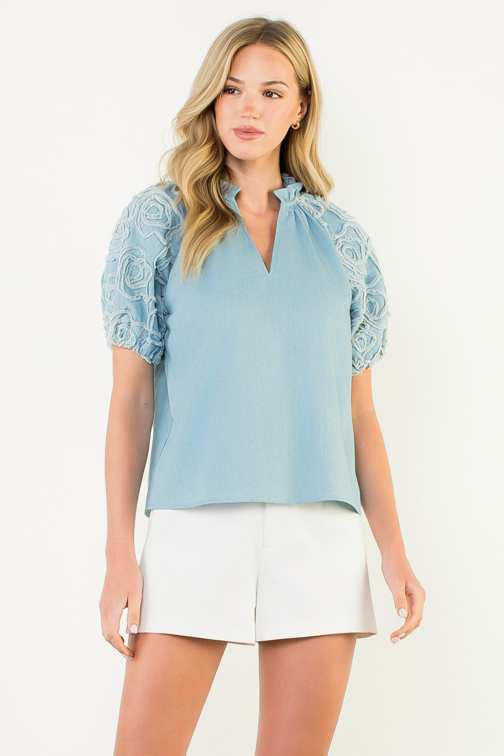 Delicia Floral Applique Puff Sleeve Denim Top