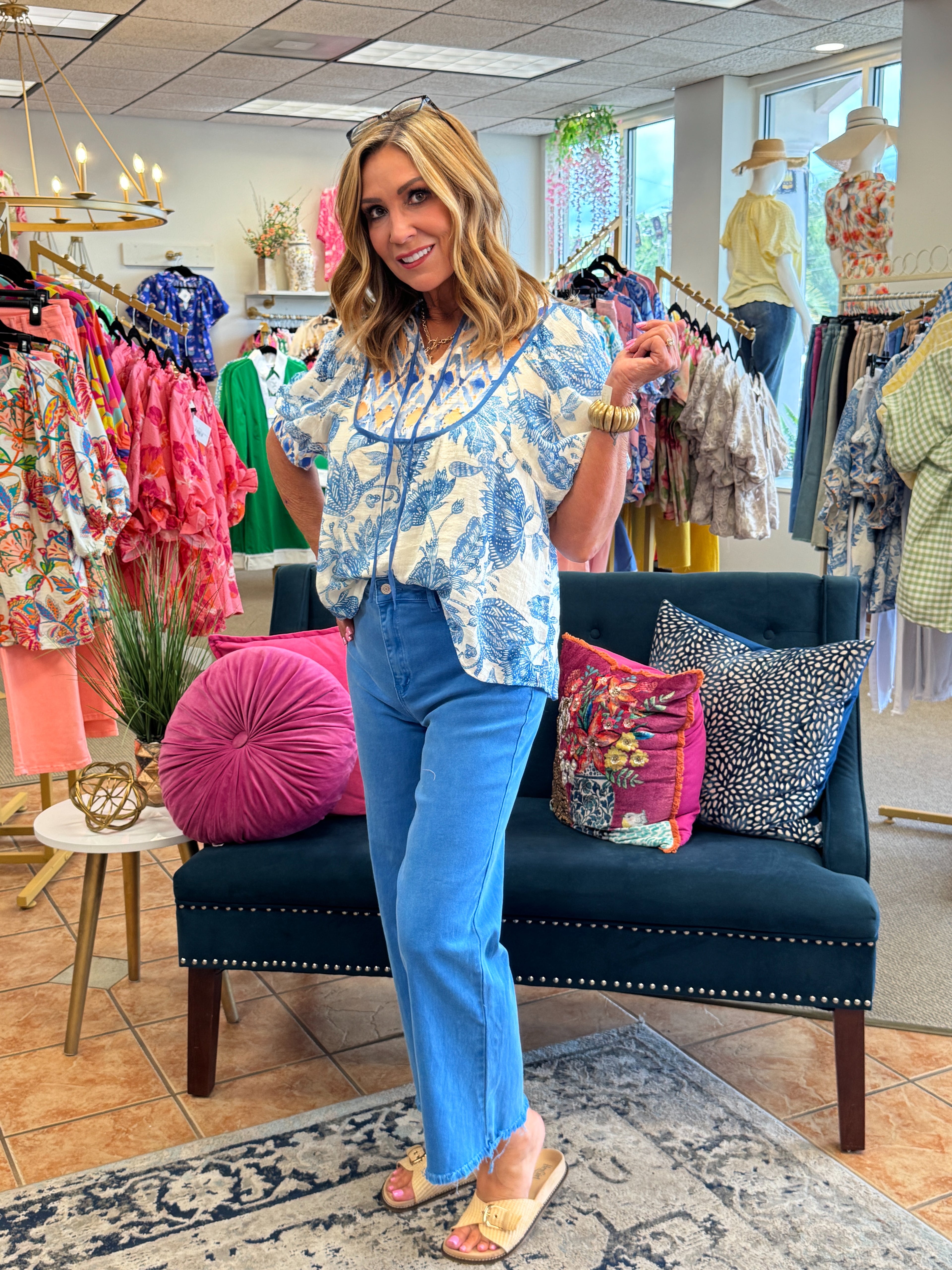 Anna Blue Abstract Mixed Print Top