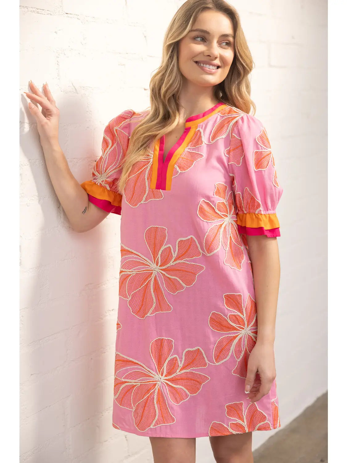 Josie Pink Floral Embroidered Dress