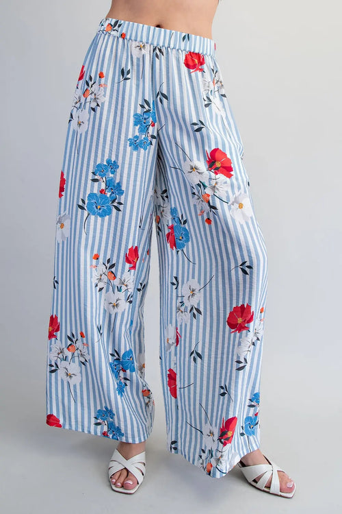 Blossom Blueberry Striped Floral Print Pants