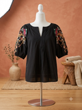 Astrid Black Floral Embroidered Sleeve Top