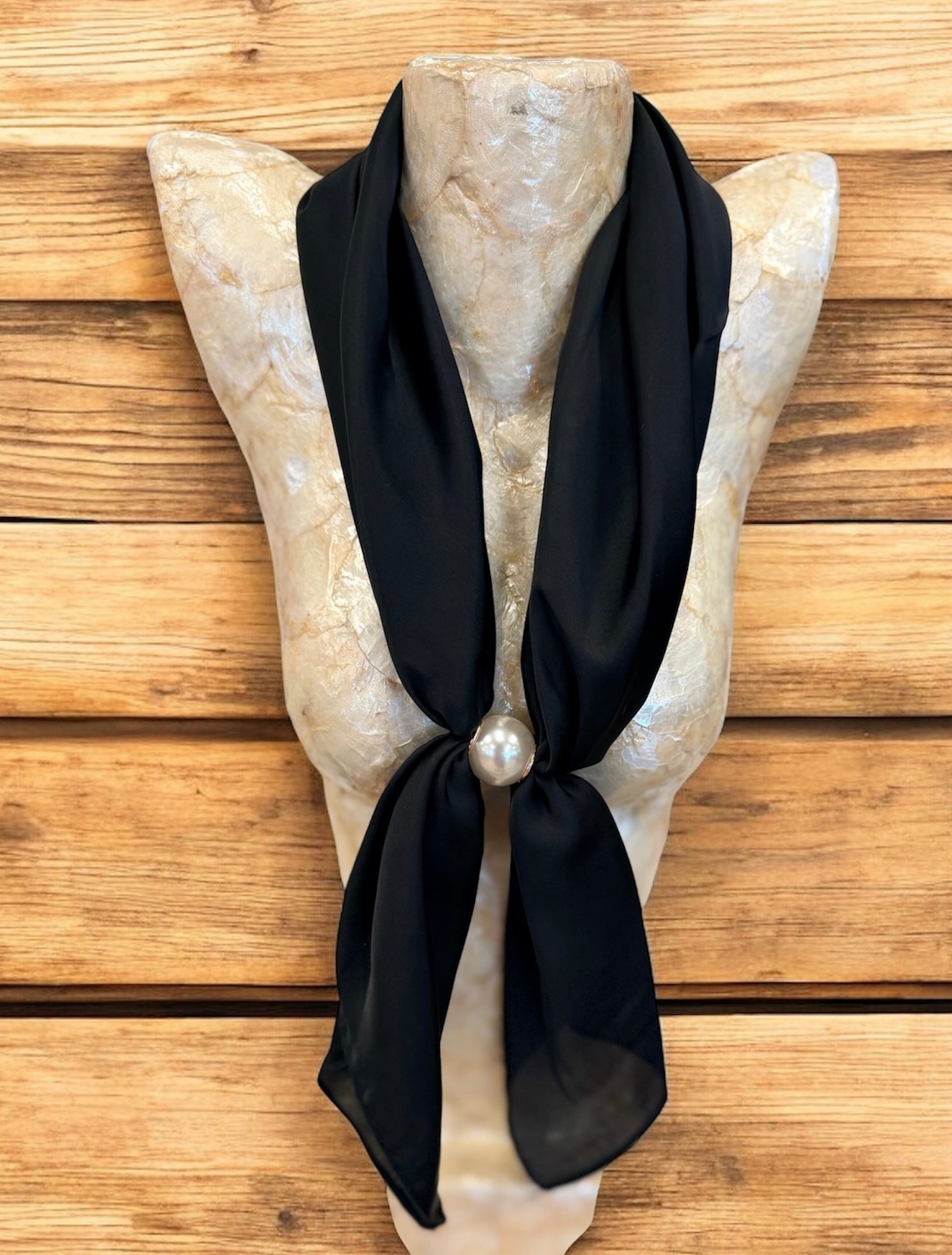 Black Long Scarf Necklace with Pearl Magnetic Clasp