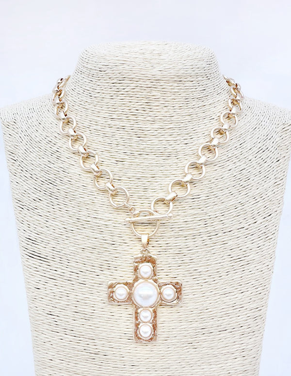 RG Gold Circle Chain With Cross And Pearl Accents Necklace