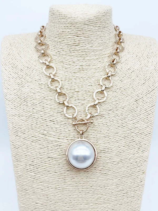 RG Gold Open Chain With Circle Pearl 16-18" Necklace
