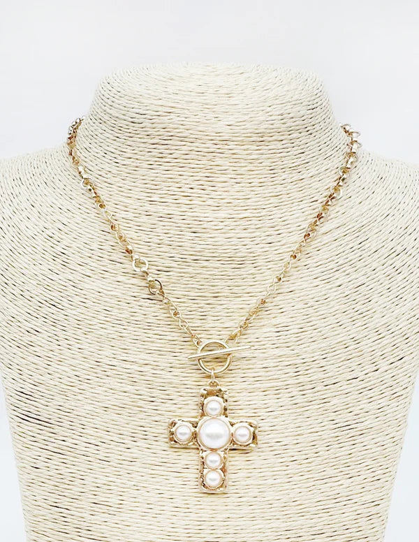 RG Gold Open Chain With Toggle Pearl Studded Cross