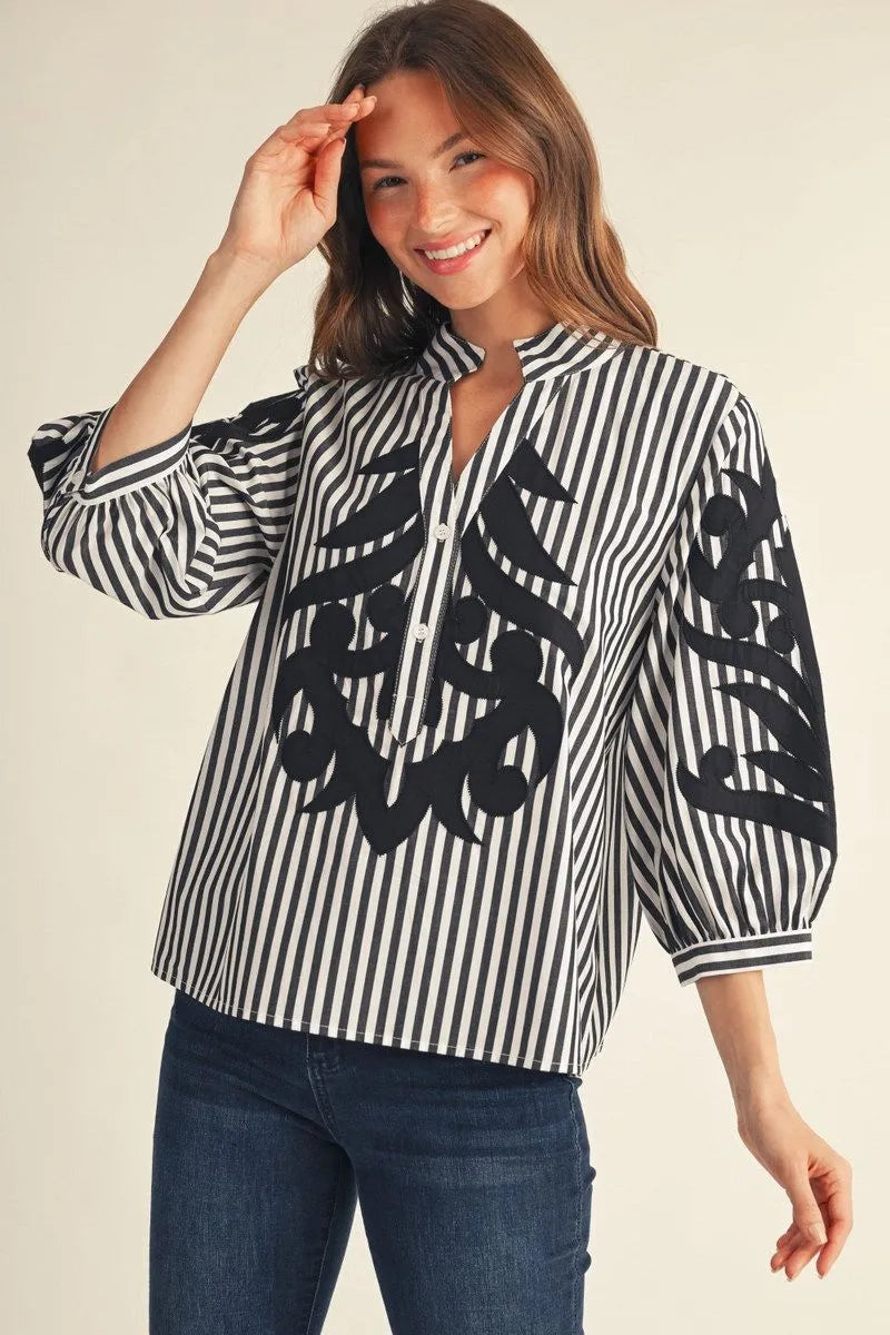 Samantha Baroque Stripe V Neck Top