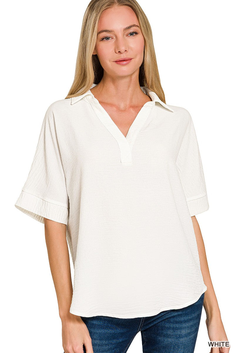 Sabrina Collared Woven Airflow Top