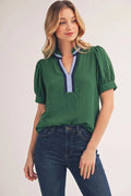 Cathy Colorblock Trim Hunter Green Top