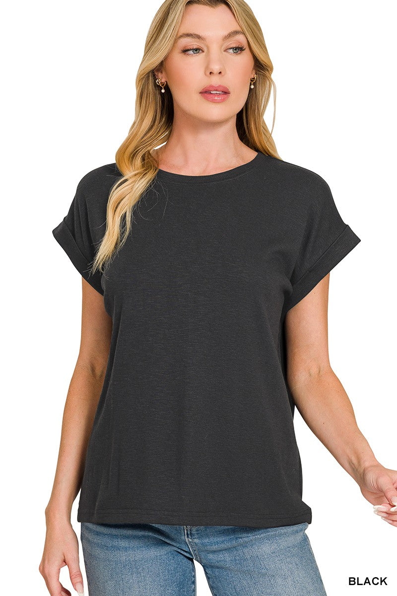 Candy Cotton Modal Slub Rolled Sleeve Top
