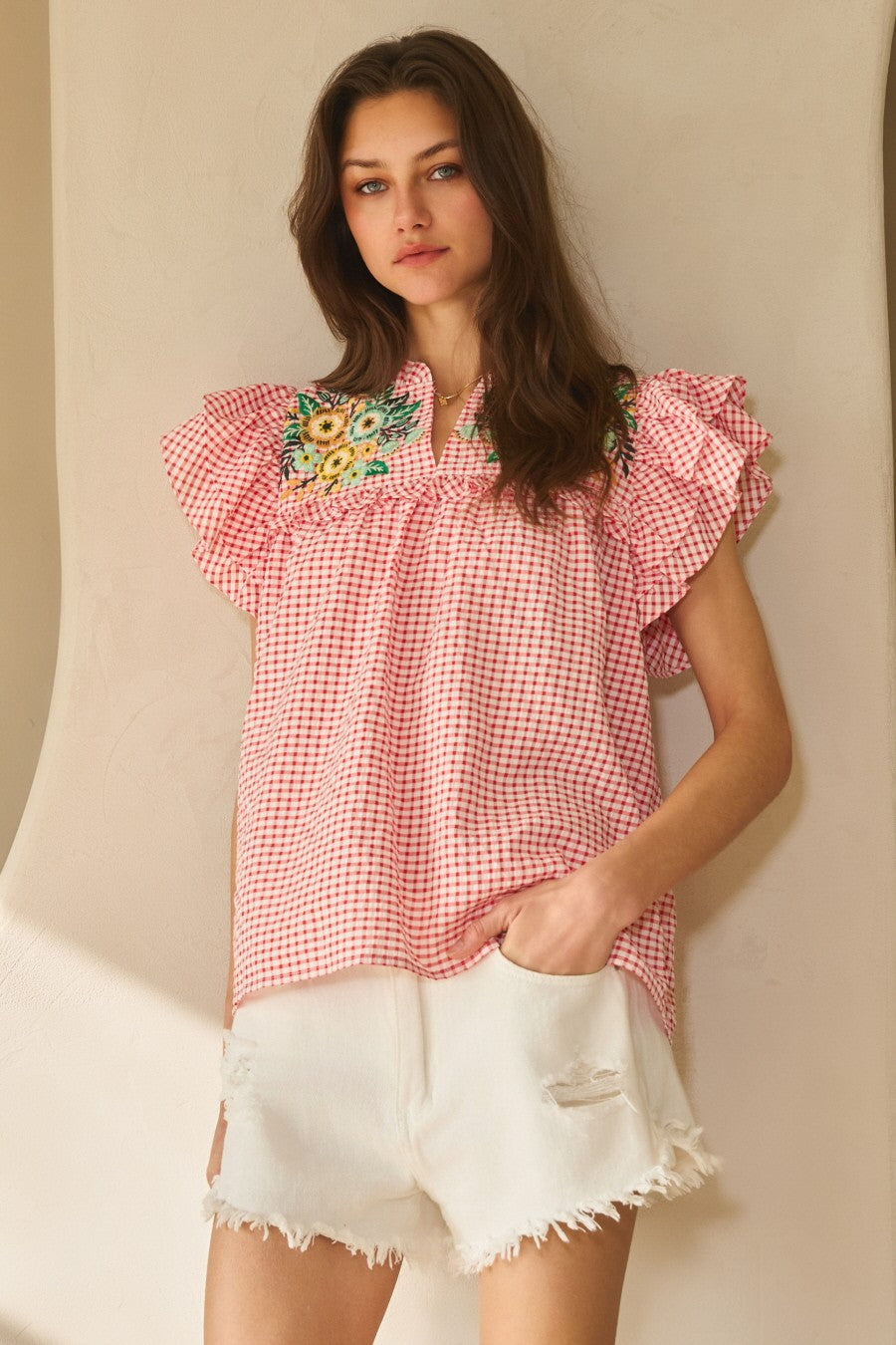 Curvy Saylor Seersucker Checkered Top