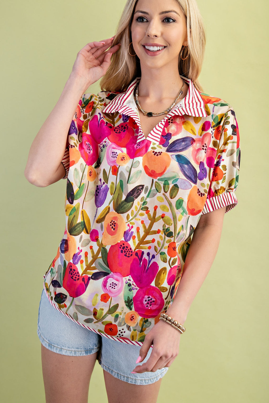 Curvy Sabrina Floral Striped Mock Neck Top
