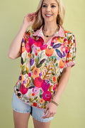 Curvy Sabrina Floral Striped Mock Neck Top