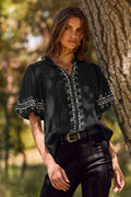 Bella Black Bubble Sleeve Embroidered Top