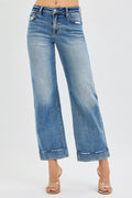 Risen Mid Rise Crop Striaght Taylor Cuffed Jeans