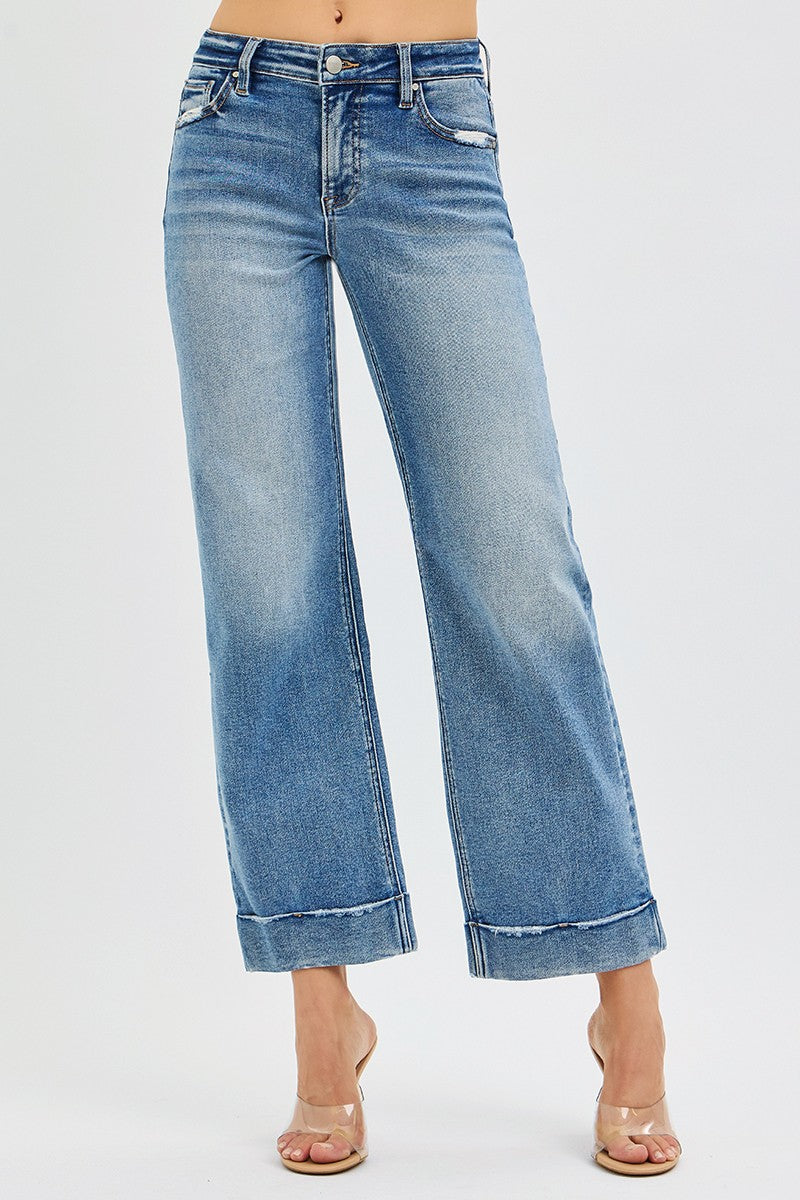Risen Mid Rise Crop Striaght Taylor Cuffed Jeans
