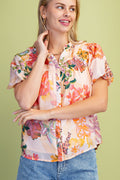 Curvy Jade Floral Puff Sleeve Placket Top