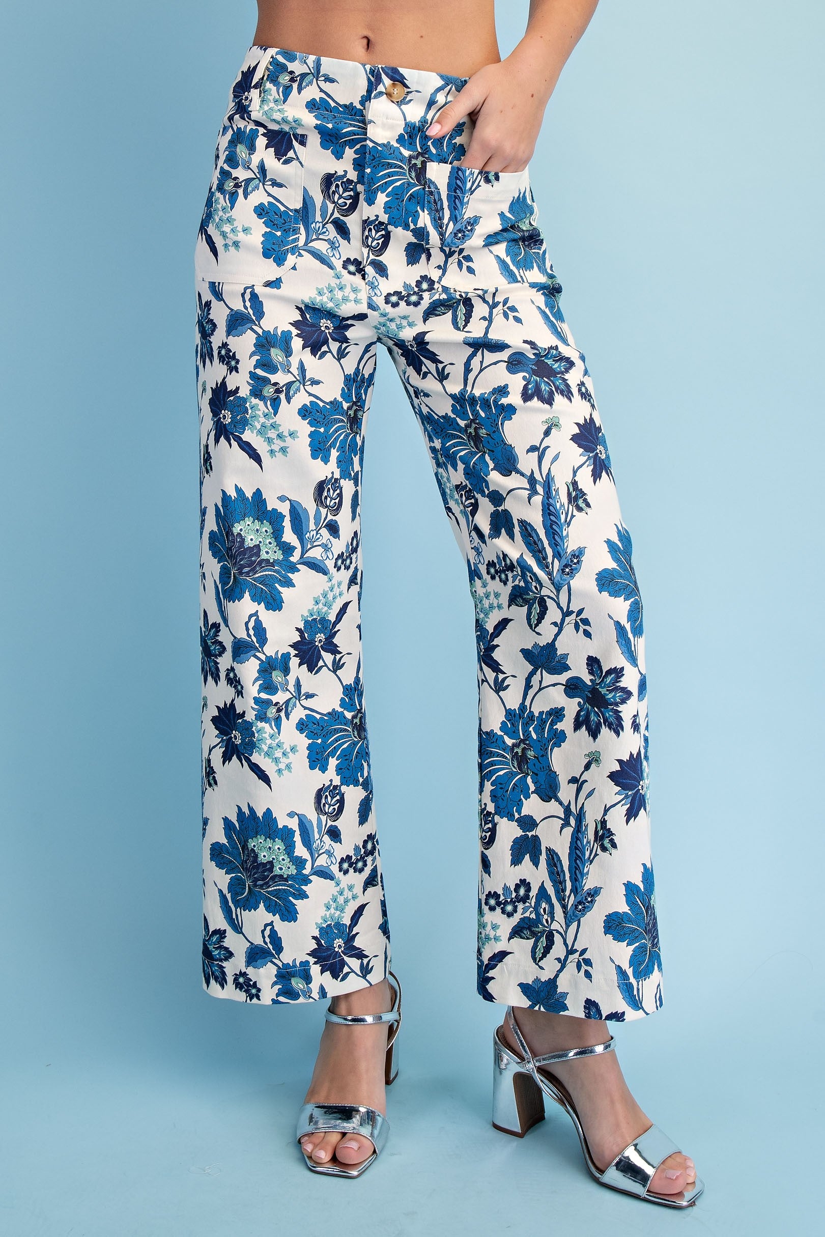 Karina Cobalt Floral Mix Cropped Pants