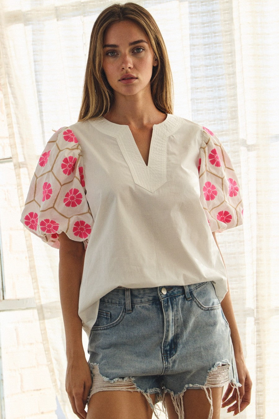 Natalie Floral Sleeve White Top