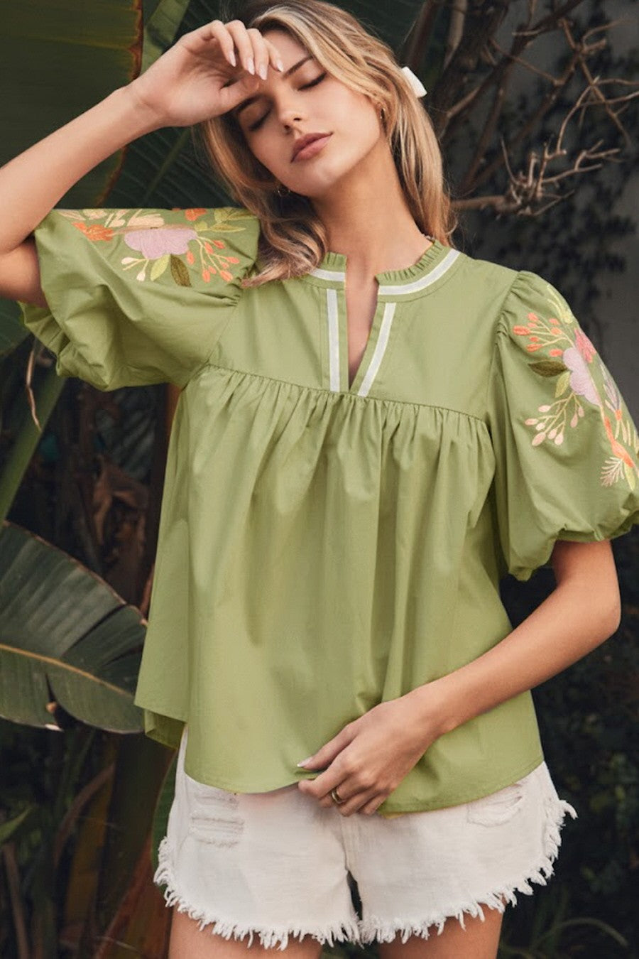 Julia Solid Poplin Top with Embroidered Sleeves