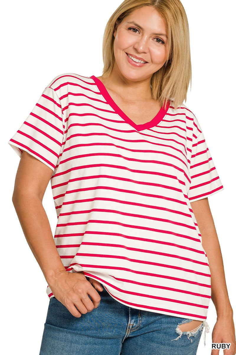 Curvy Striped Sandy VNeck Top