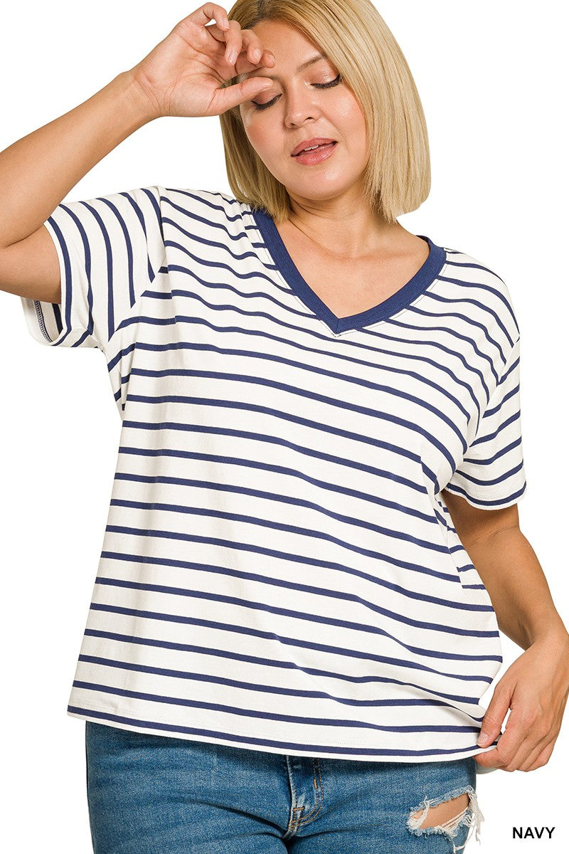 Curvy Striped Sandy VNeck Top