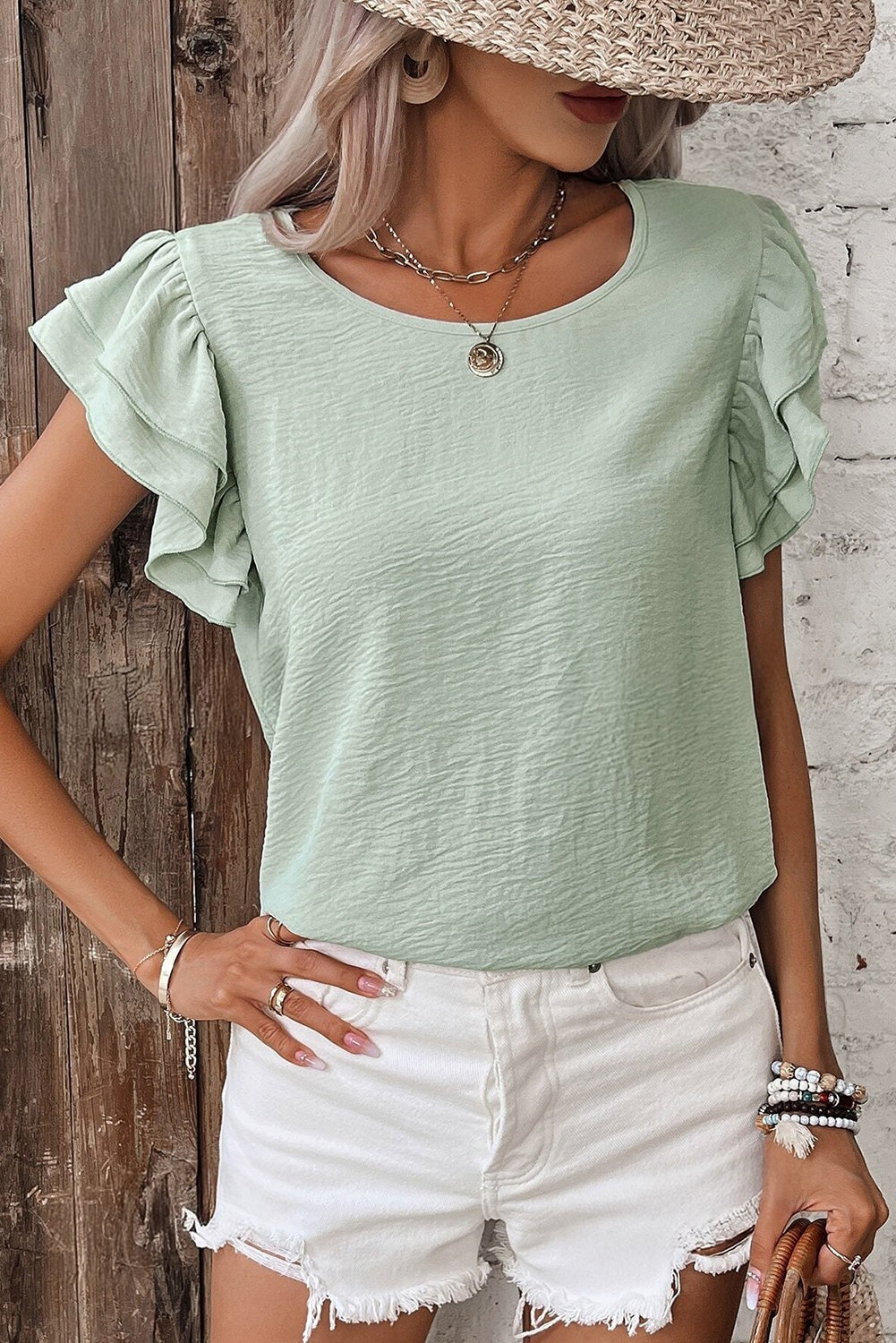 Lana Solid Color Ruffled Sleeve Top