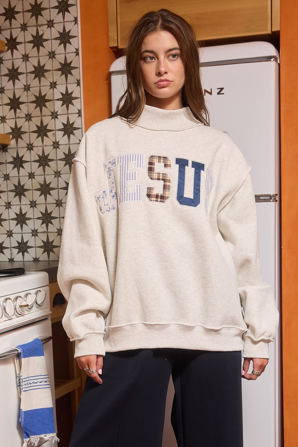 Jesus Embroidered Patch Work Mock Neck Sweatshirt