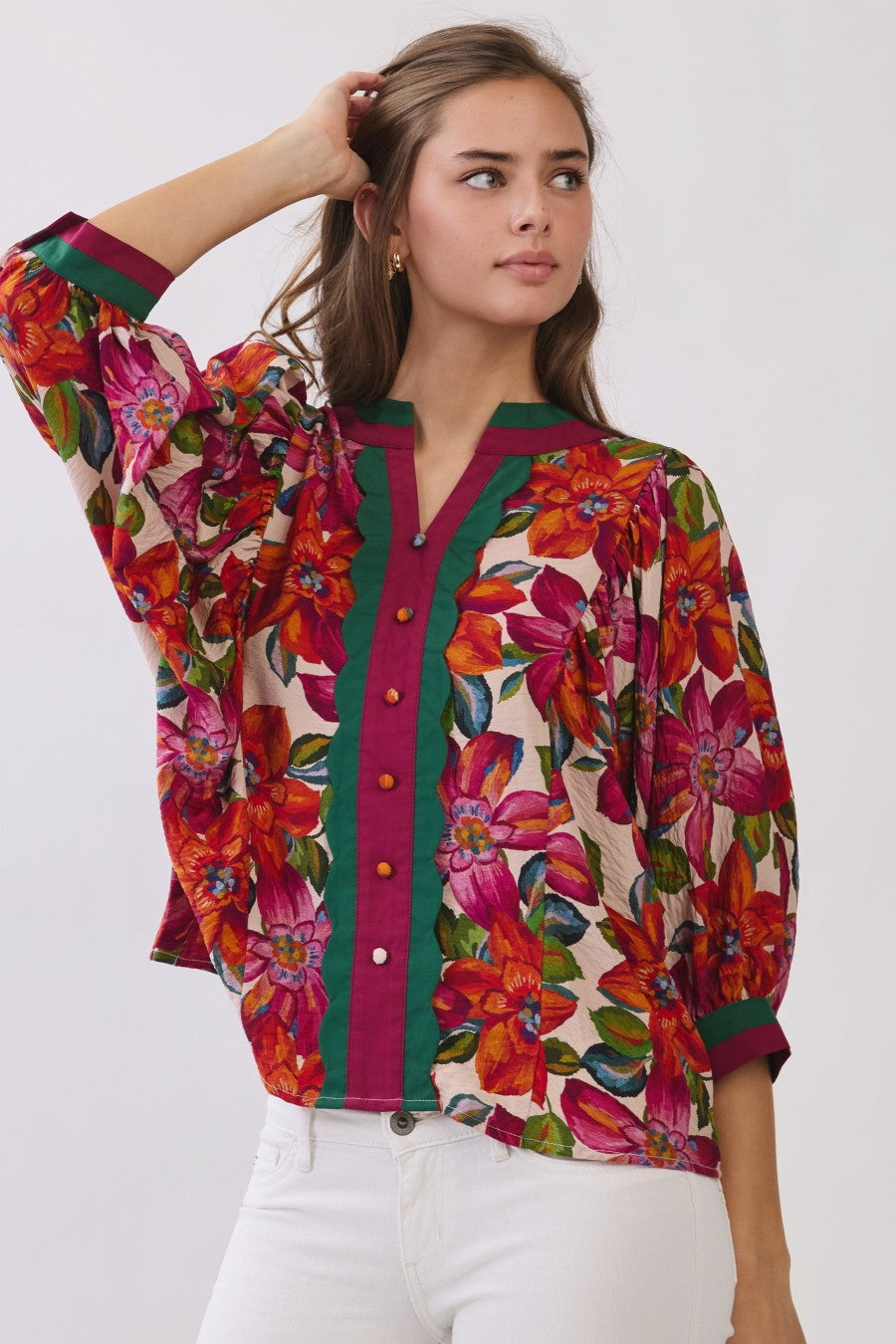 Jainey Mixed Floral Contrast Scallop Trim Top