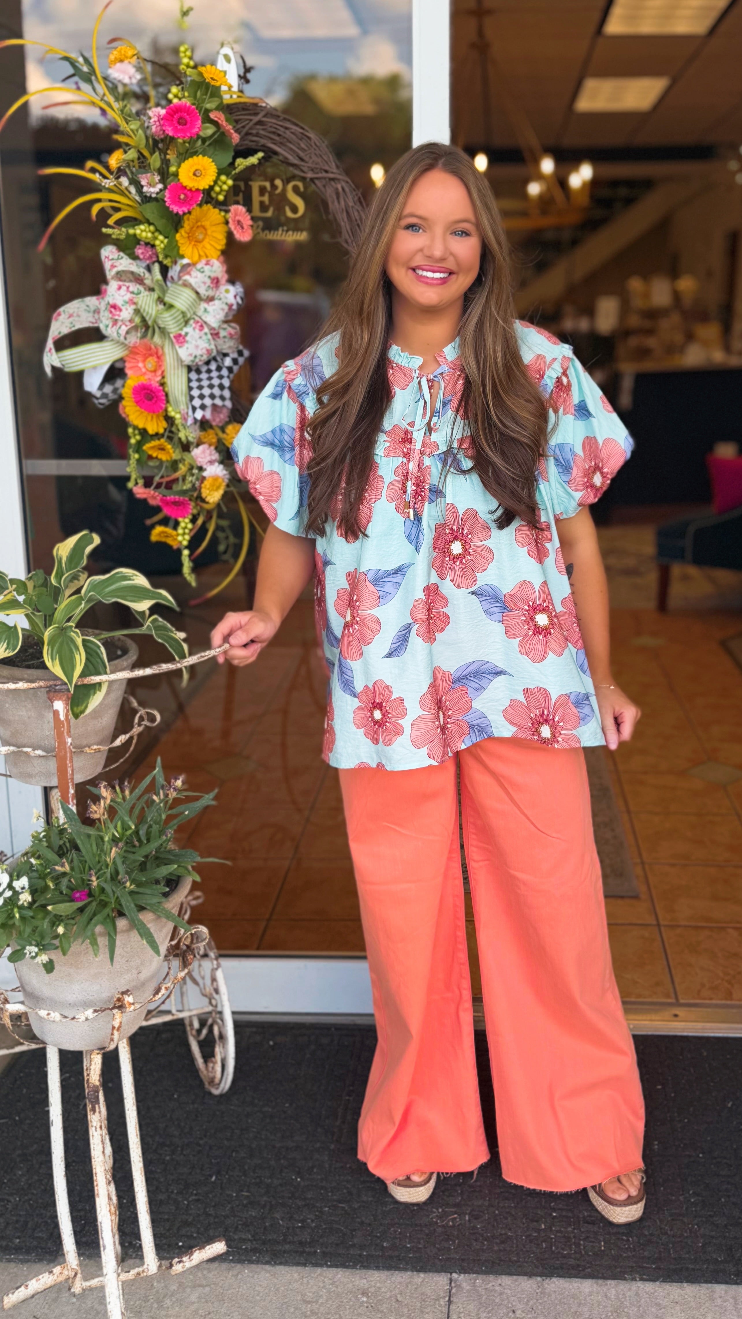 Curvy Annalise Aqua Floral Print Top