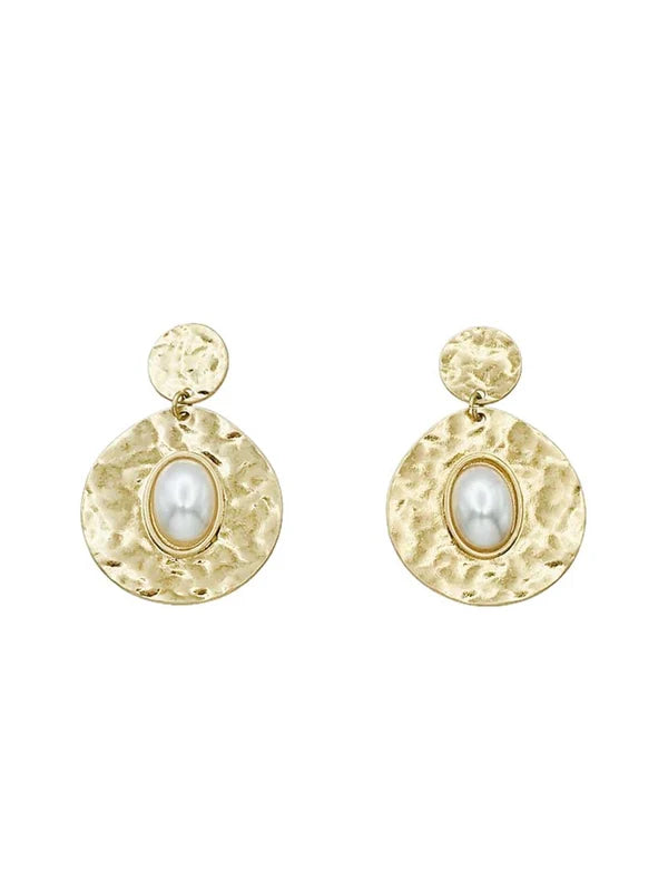 RG Gold Hammered Circle With Pearl Earrings