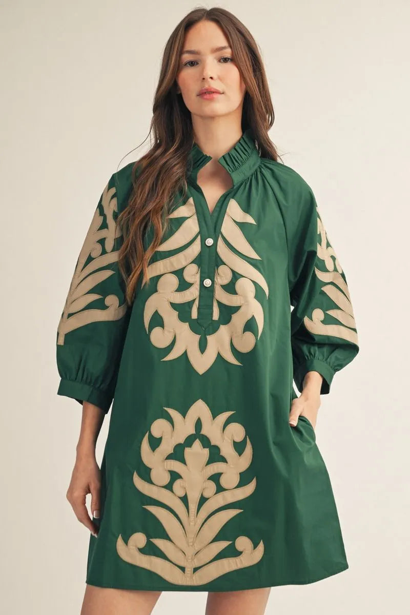 Eliana Baroque Floral Applique Shift Dress