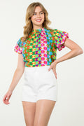 Genevieve Multi Color Geometric Print Puff Sleeve