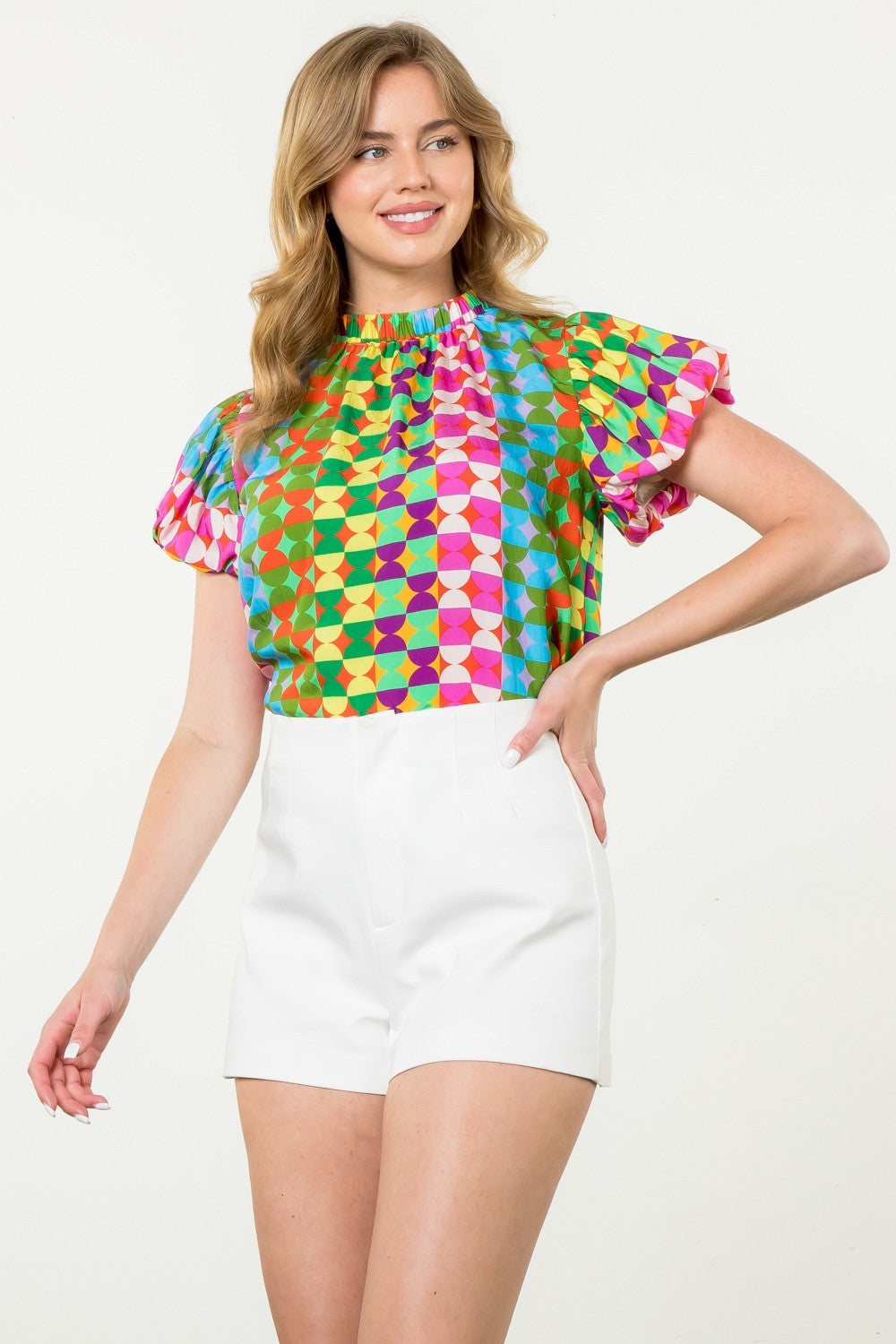 Genevieve Multi Color Geometric Print Puff Sleeve