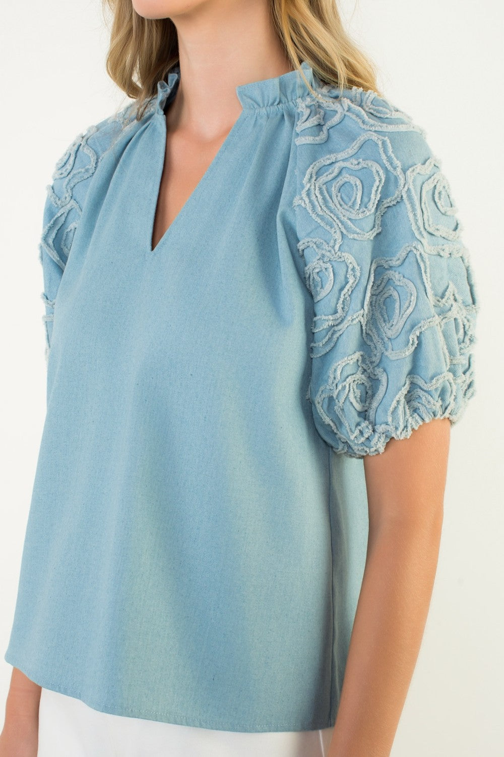 Delicia Floral Applique Puff Sleeve Denim Top