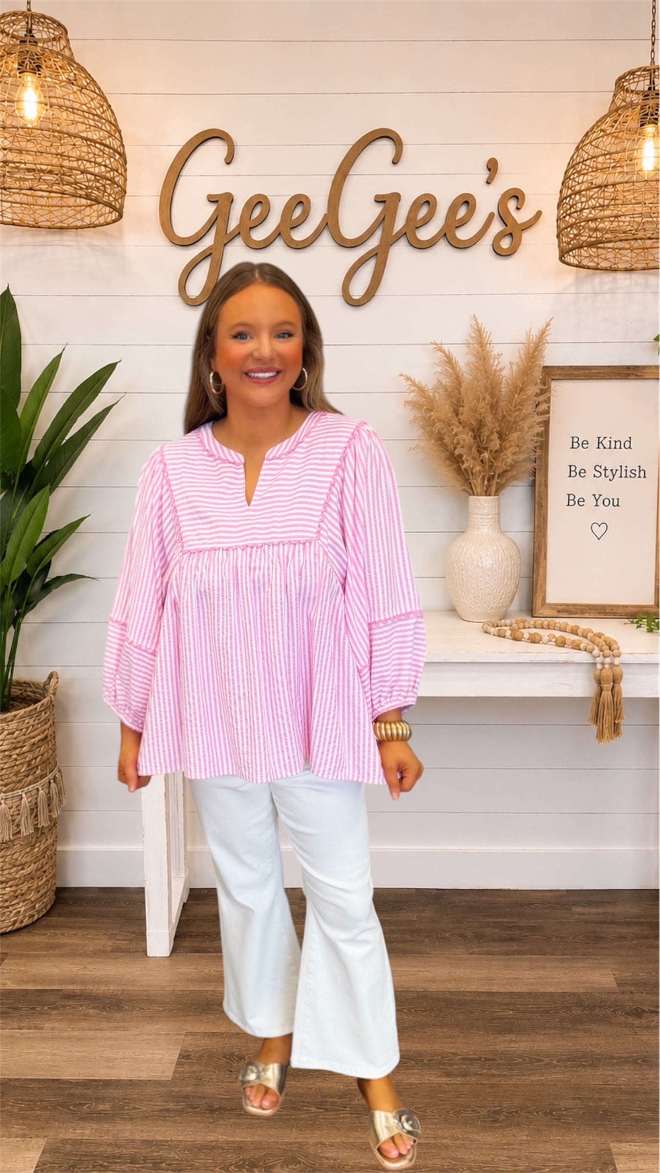 Curvy Hallie Pink Striped Woven Top