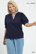 Curvy Missy High Ruffle Neck Stripe Trim Top