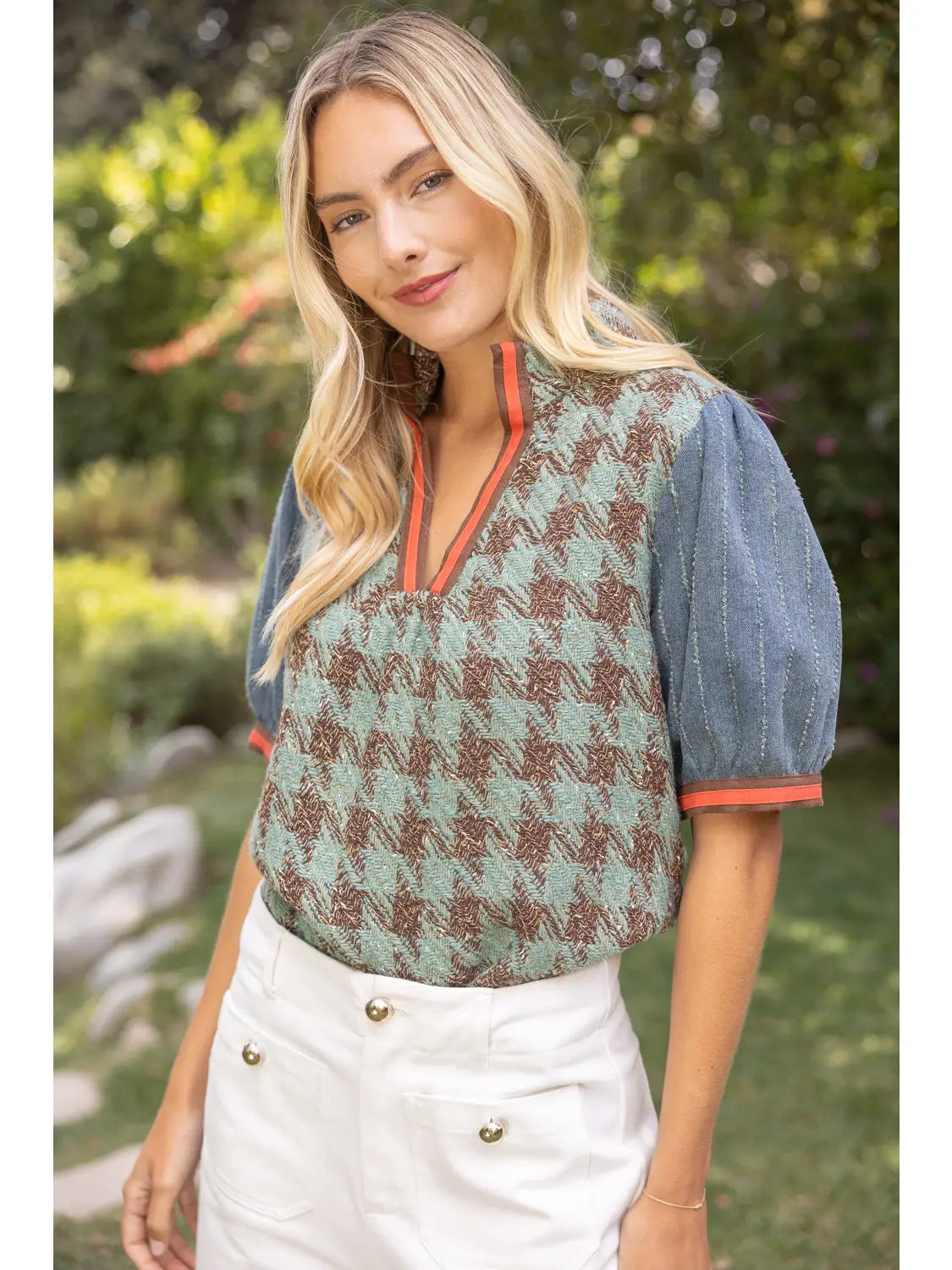 Alanna Denim Sleeve Houndstooth Tweed Top