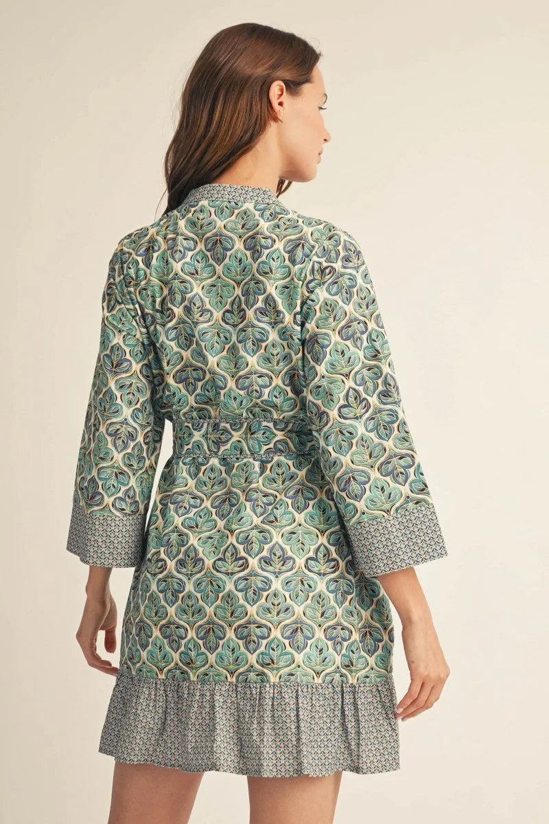 Adrian Geo Leaf Print Waist Tie Mini Dress