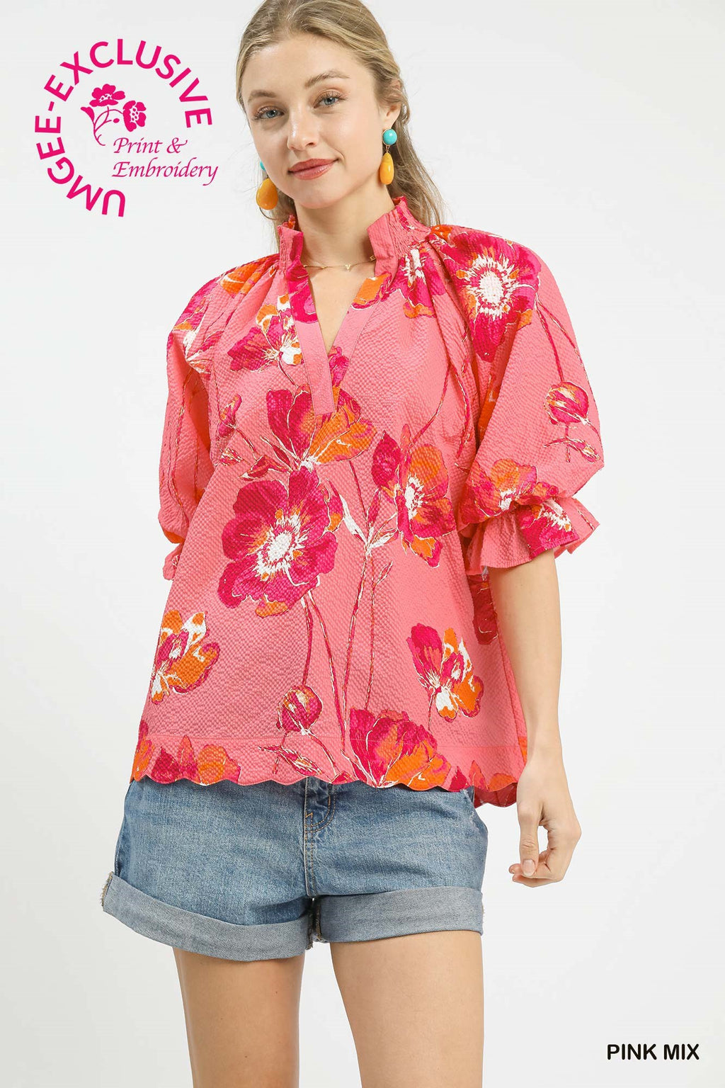 Dixie Floral Textured Scallop Trim Top