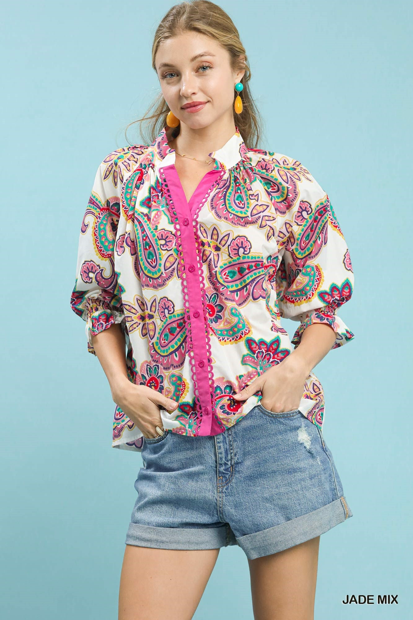 Chloe Jade Mix Paisley Scallop Trim Top