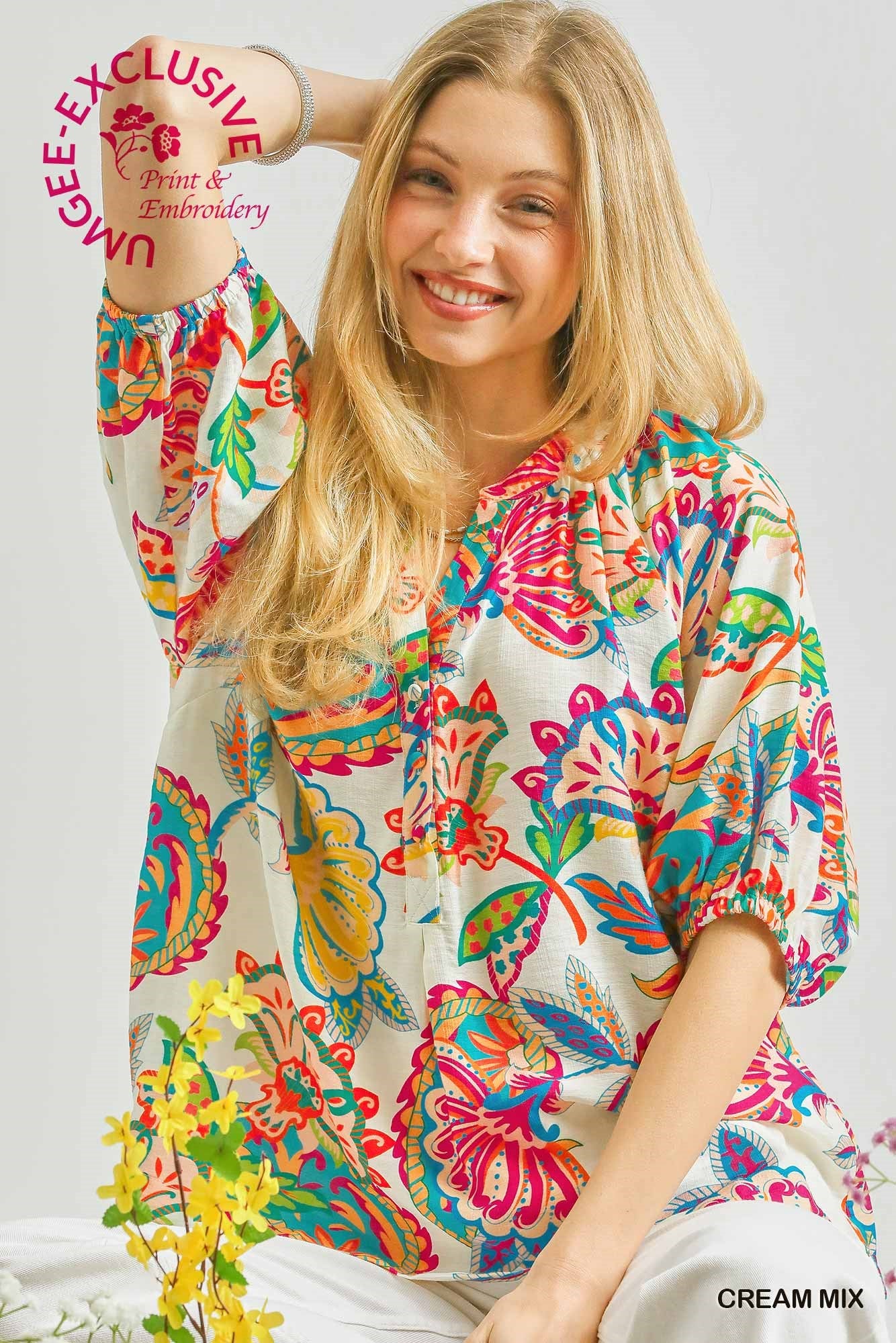 Pam Paisley Print Pleat Accents Top