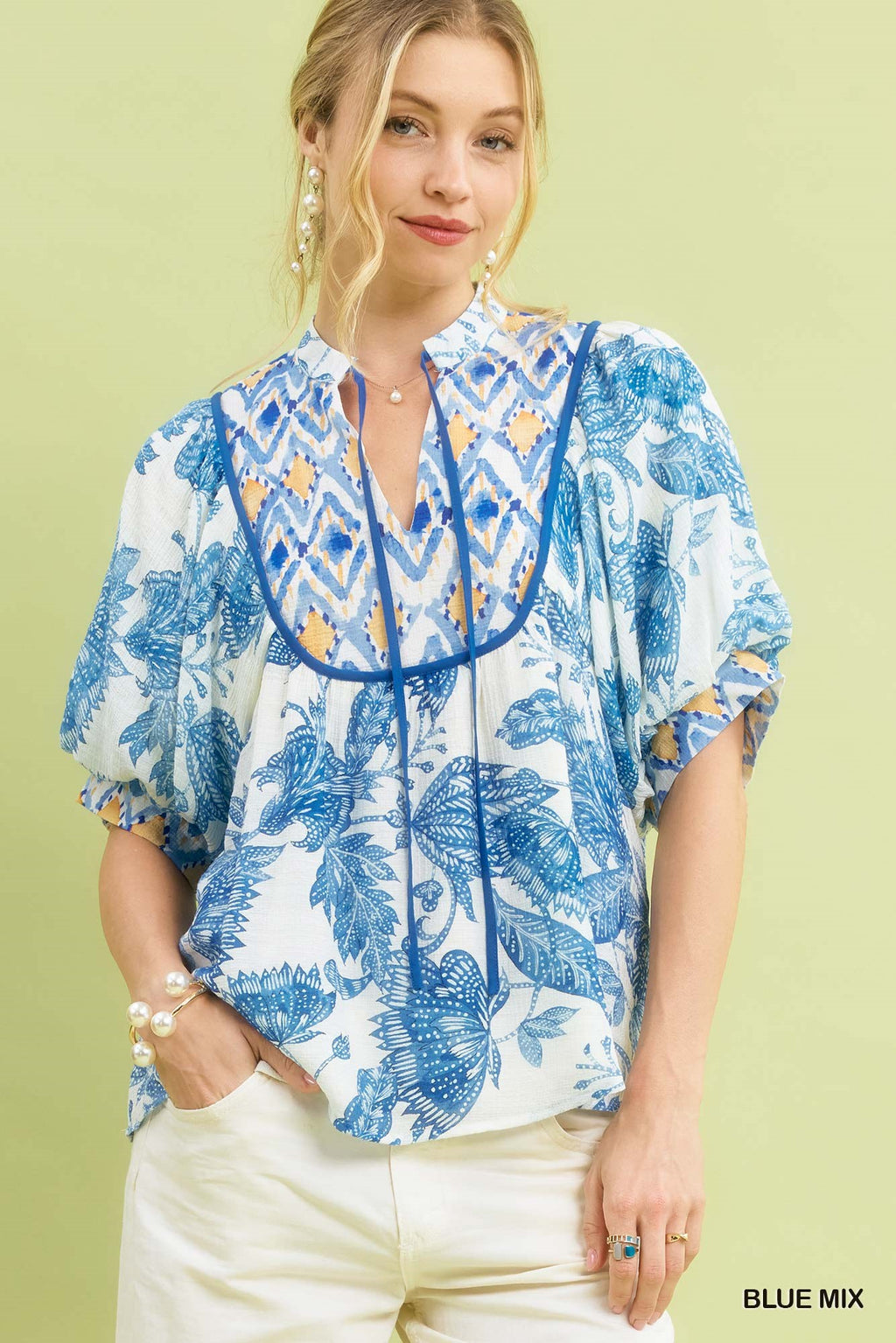 Anna Blue Abstract Mixed Print Top