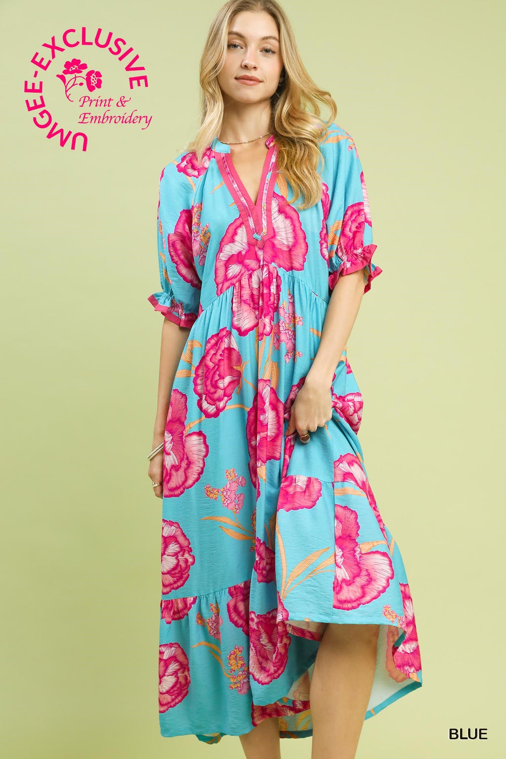 Sandie Floral Print Contrast Trim Midi Dress