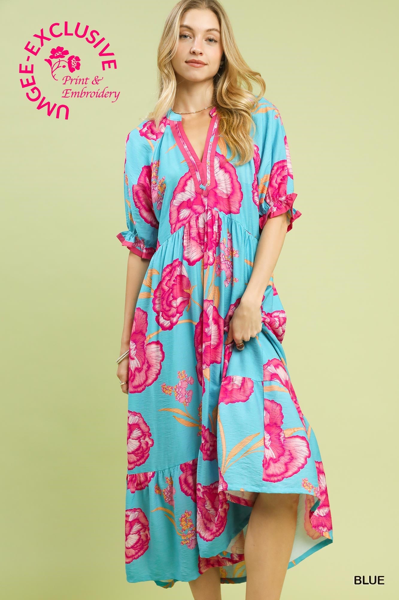 Sandie Floral Print Contrast Trim Midi Dress