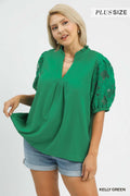 Curvy Cassandra Textured Lace Contrast Sleeve Top