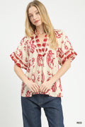 Rita Red Boho Print Top with Lace Trim