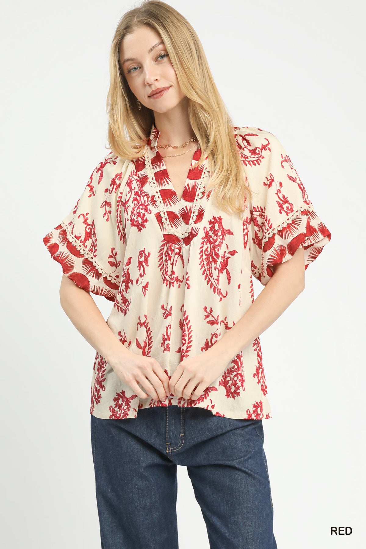 Rita Red Boho Print Top with Lace Trim