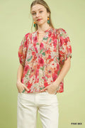 Kallie Pink Floral Split-Neck Blouse