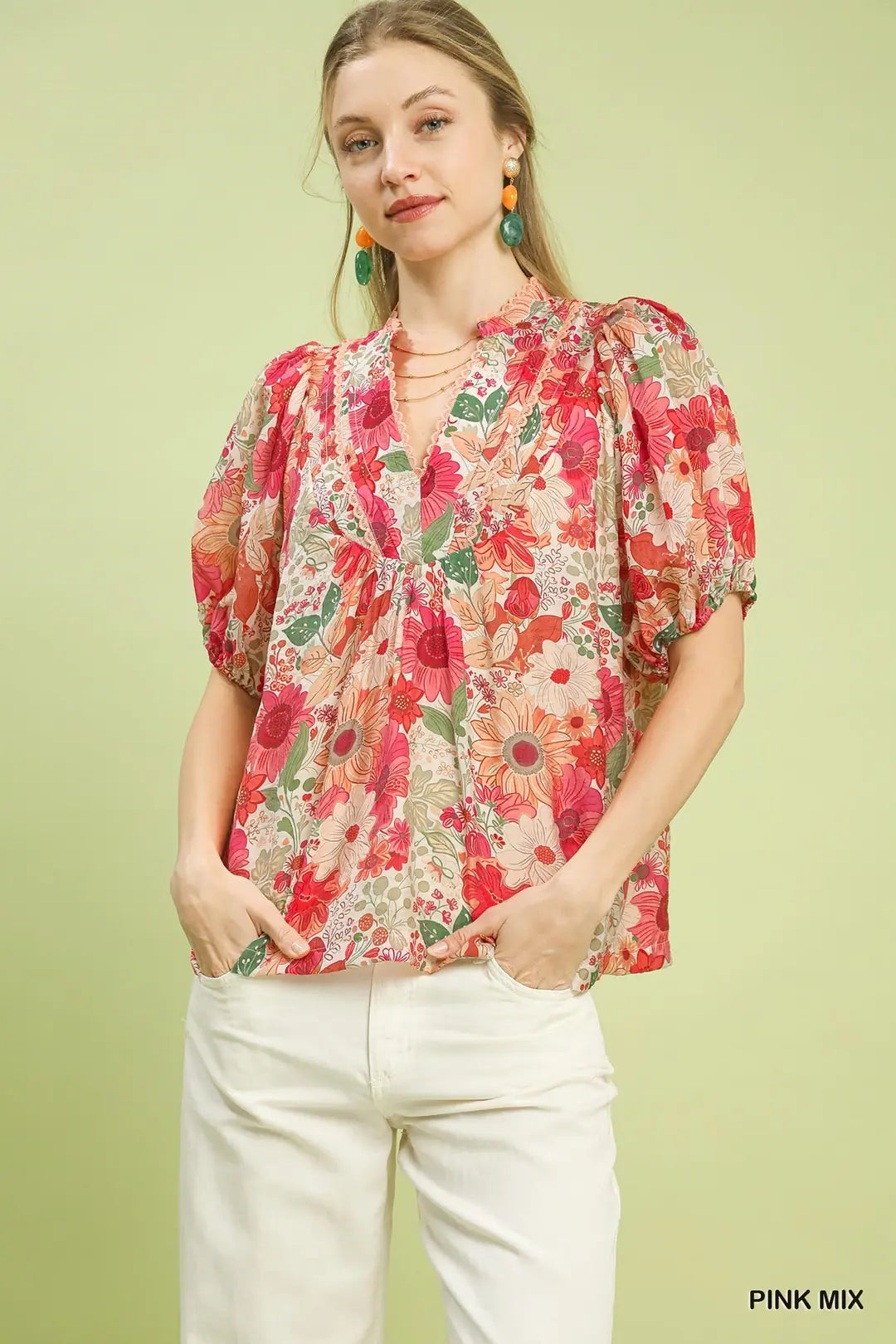 Kallie Pink Floral Split-Neck Blouse